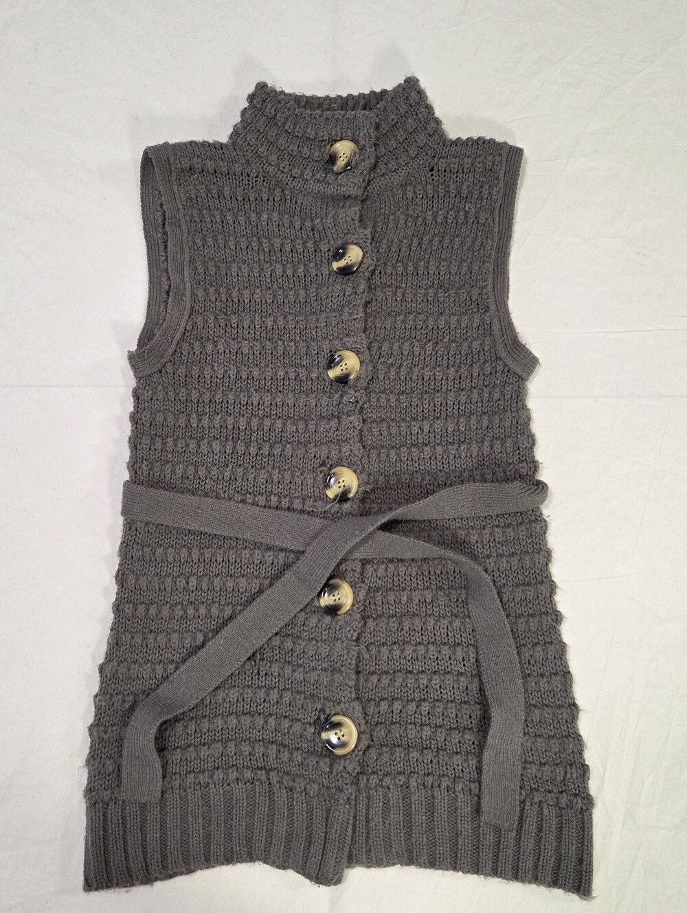 Dressbarn Gray Cable Knit Mock Neck Button Vest with Belt Tie Size S